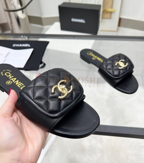 Ch**el Logo Slides Sandals Black Leather Sole 35-43