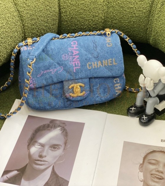 Ch**el Classic Flap Denim Bag Gold Hardware Blue Size 23×14×8cm