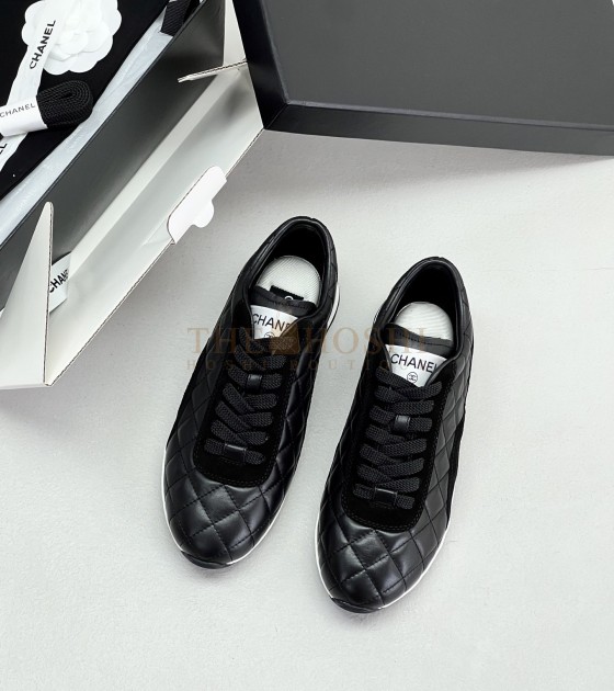 Ch**el Leather Sneakers Black Calfskin Low-Top Women