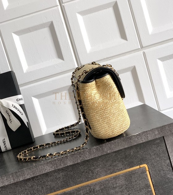 Ch**el Raffia Flap Bag Woven Straw with Lambskin Trim Khaki 26cm