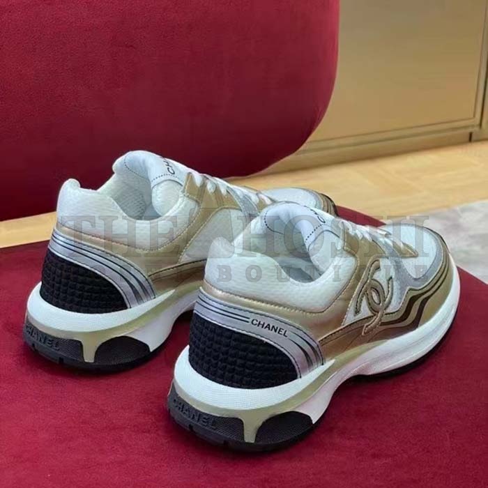 Ch**el trainer shoes Women CC Sneakers Fabric Laminated White Gold Silver Master Quality
