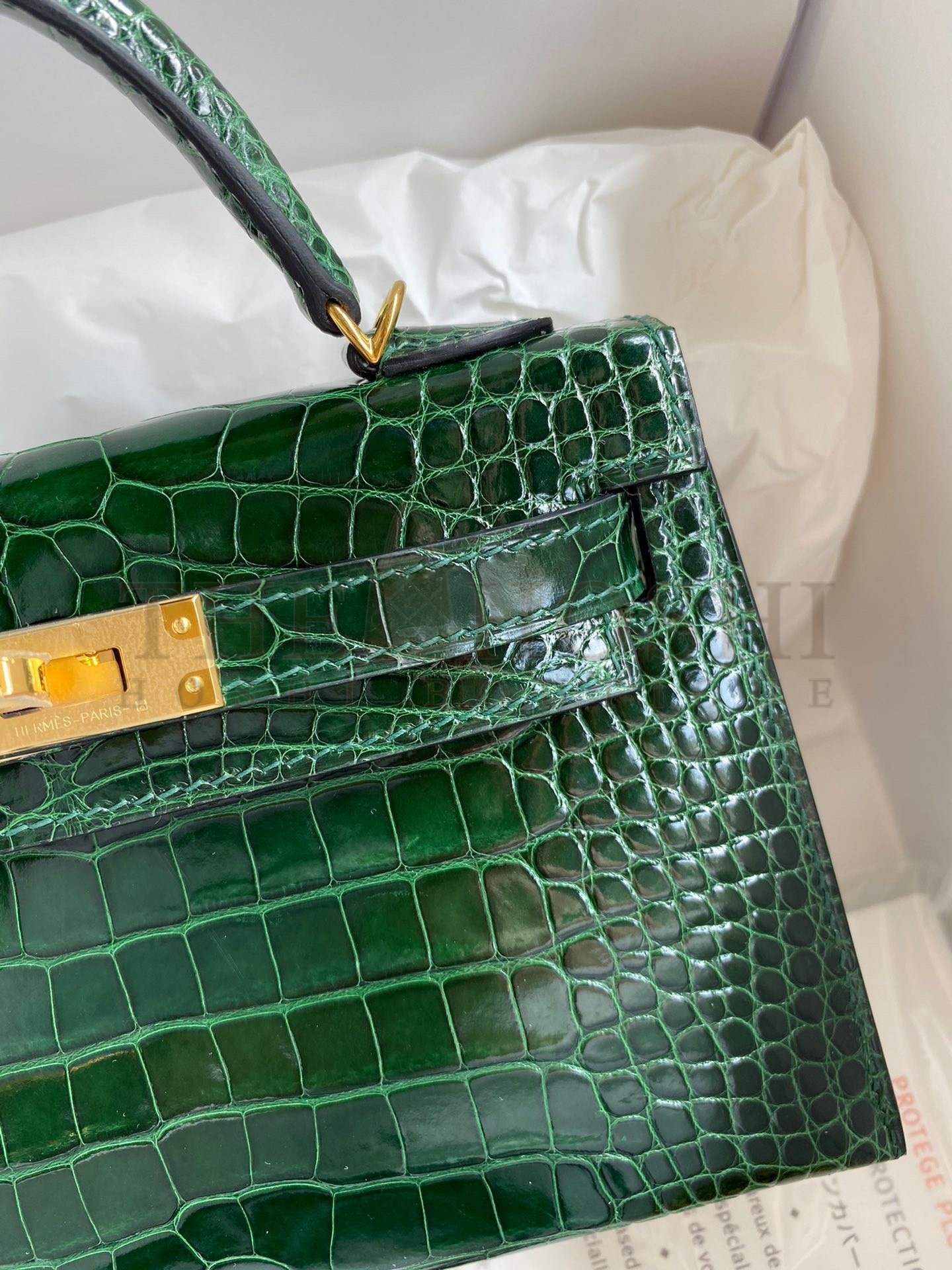 H**me5 Kelly Mini II Sellier Handmade Bag In Malachite Shiny Alligator Leather Master Quality