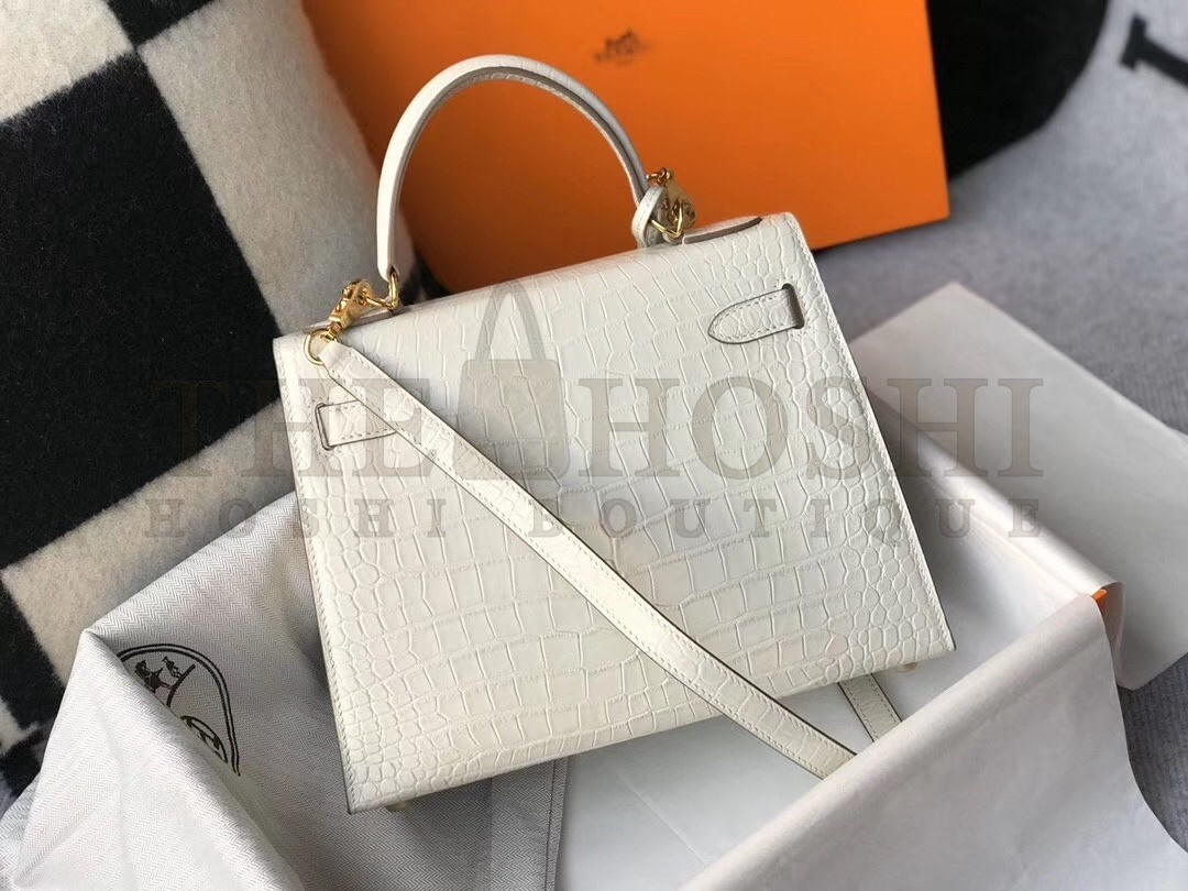 H**me5 Kelly 28cm Bag In White Embossed Crocodile GHW Master Quality