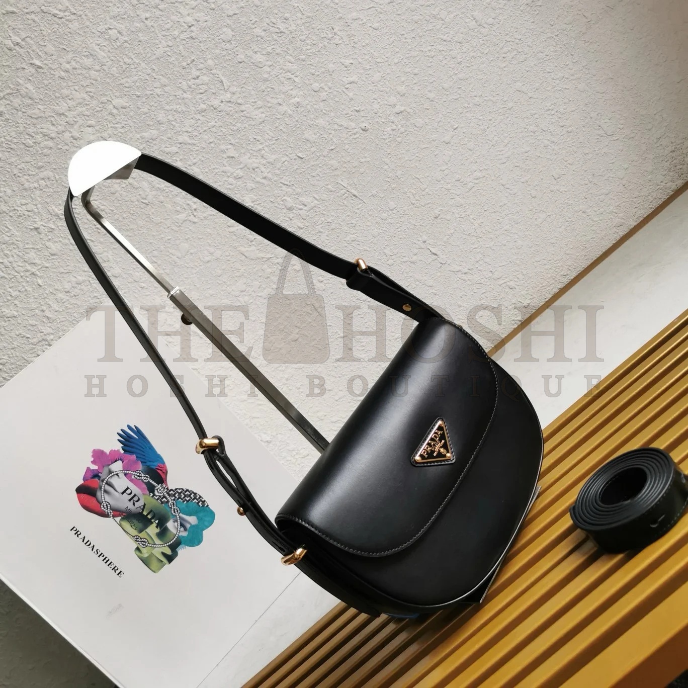 Pra*a Arque Shoulder Bag with Flap in Black Leather Master Quality