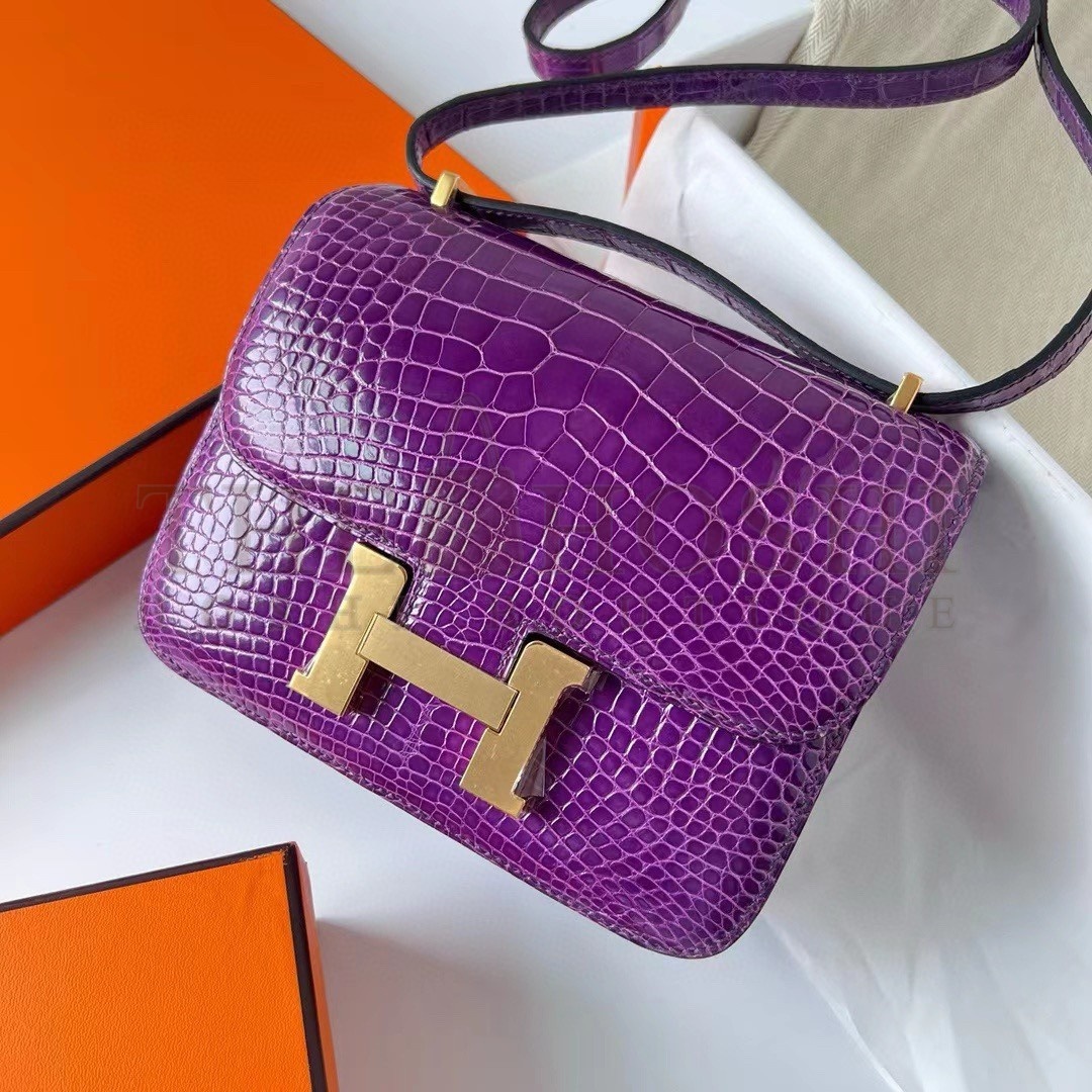 H**me5 Constance 18 Handmade Bag In Purple Shiny Alligator Leather Master Quality