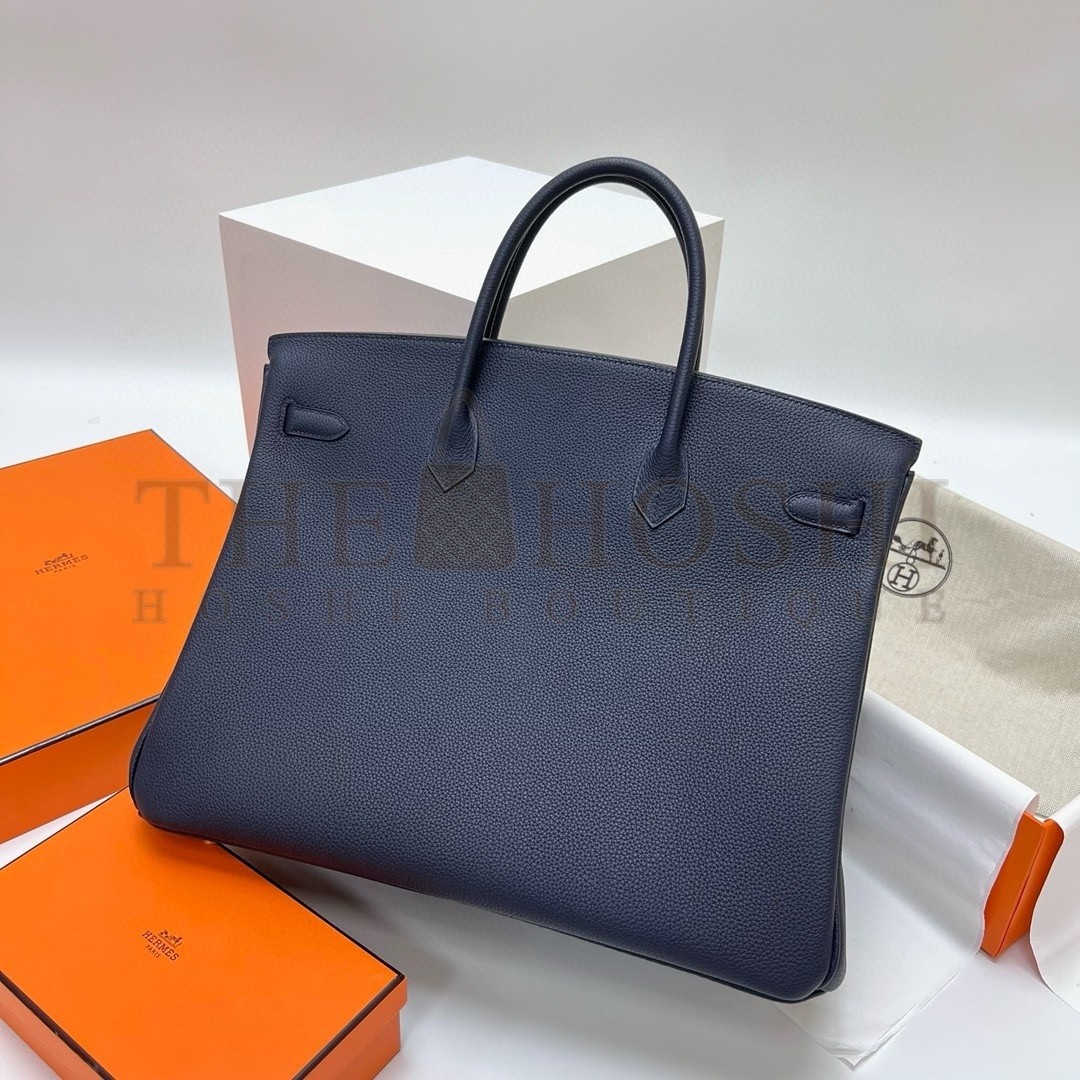 H**me5 Birkin 40 Retourne Handmade Bag In Blue Nuit Clemence Leather Master Quality