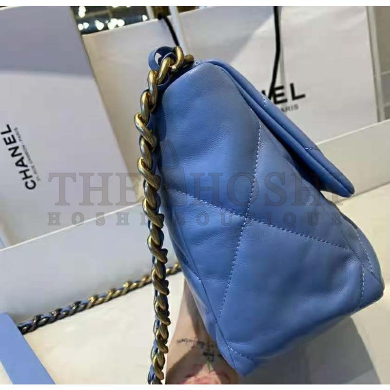Ch**el Women Ch**el 19 Flap Bag Lambskin Gold Silver-Tone Ruthenium-Finish Metal Blue Master Quality