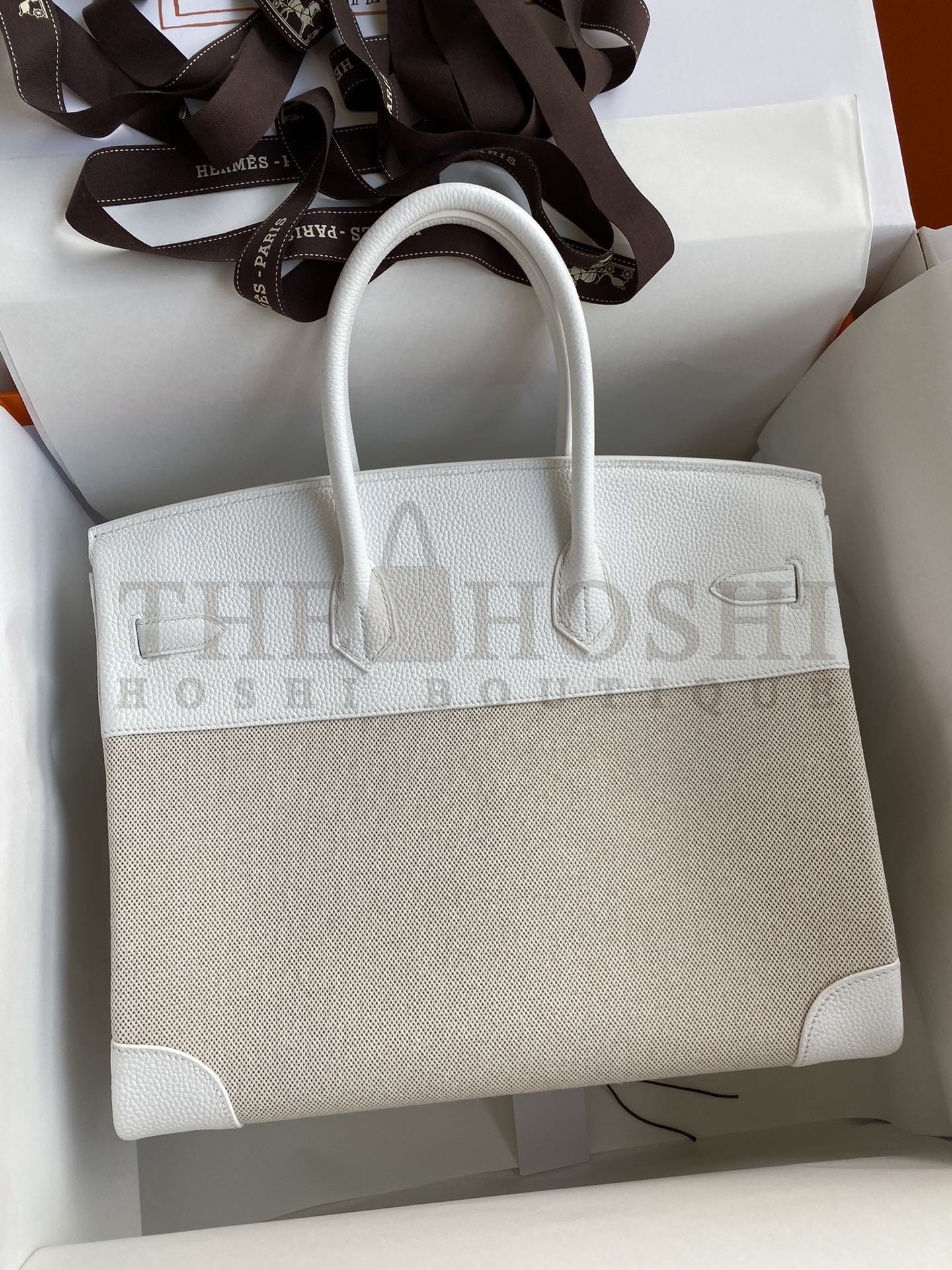 H**me5 Birkin 35 Handmade Bag In Toile &amp; White Clemence Leather Master Quality