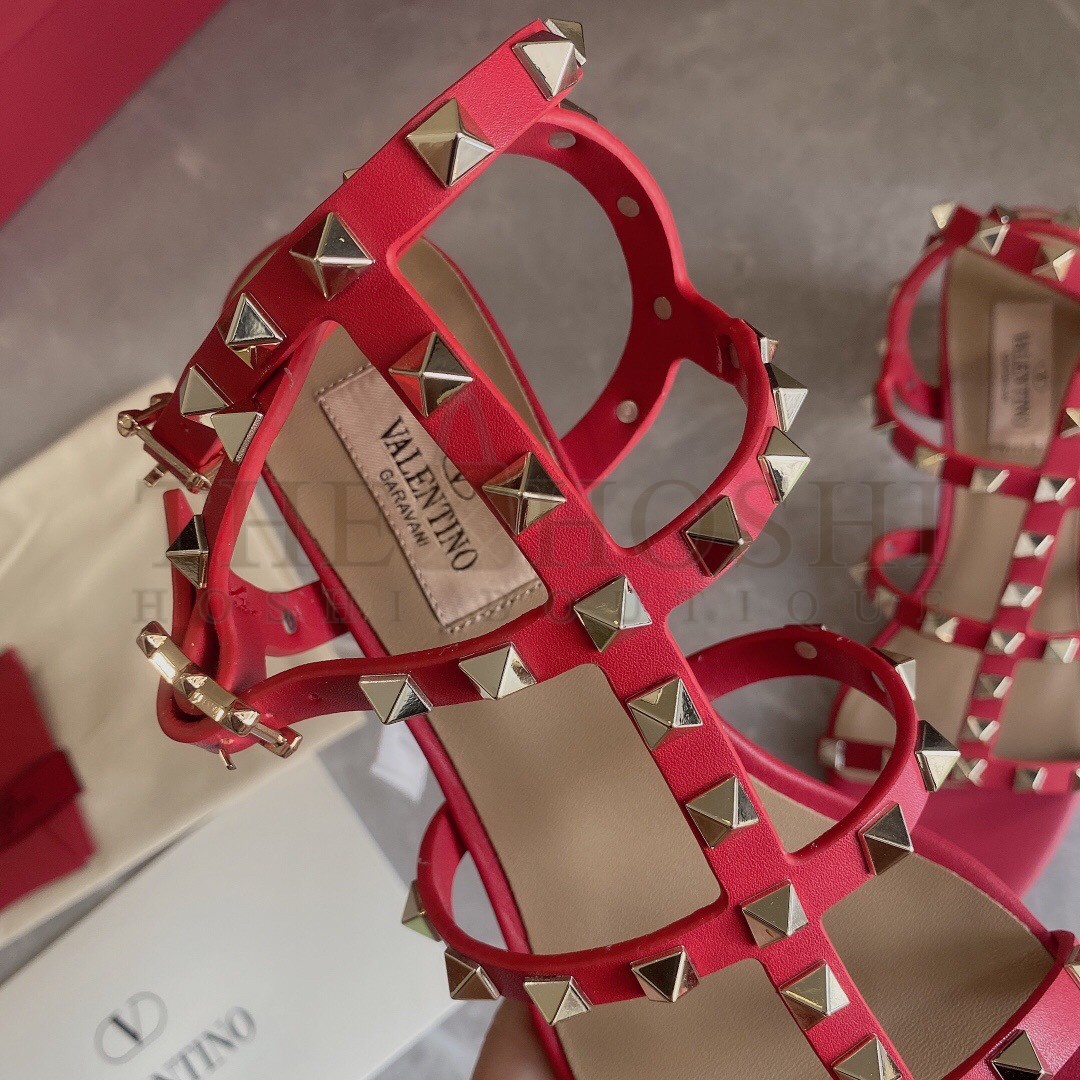 Va1e*ntin0 Rockstud Ankle Strap Sandals 60mm In Red Calfskin Master Quality