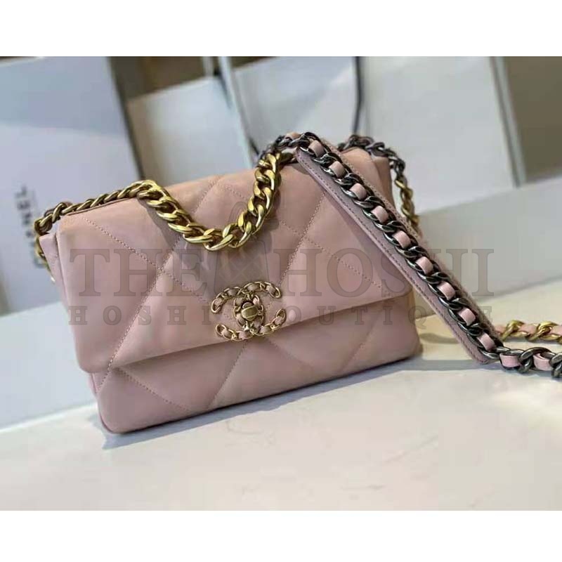 Ch**el Women Ch**el 19 Flap Bag Lambskin Gold Silver-Tone Ruthenium-Finish Metal Light Pink Master Quality