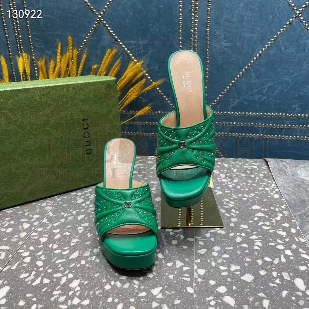 Gvc*1 Women Heeled Slide Sandals Green Leather Studs Spool High 15 Cm Heel Master Quality