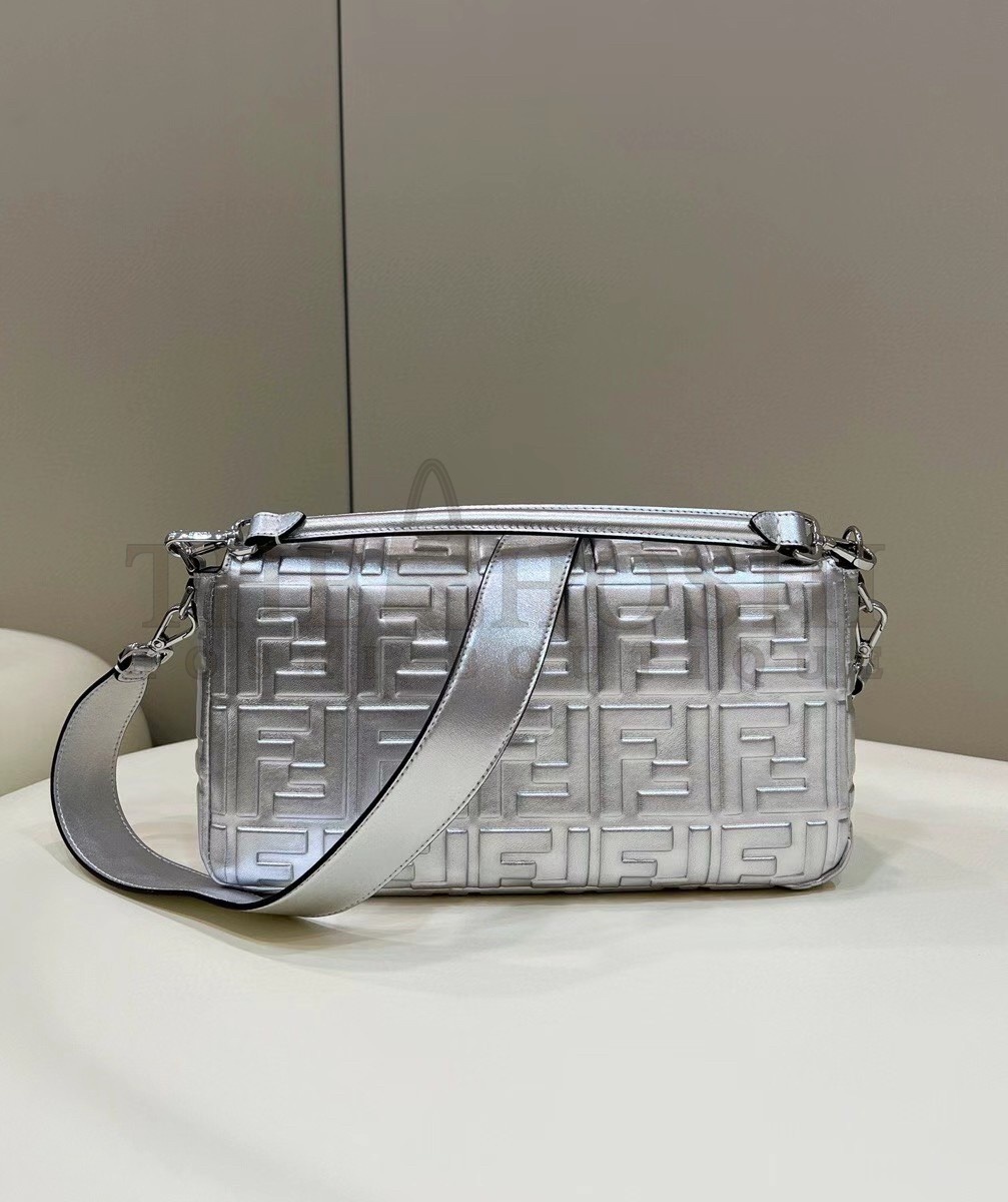 F**di Large Baguette Bag In Silver FF Metallic Leather Master Quality