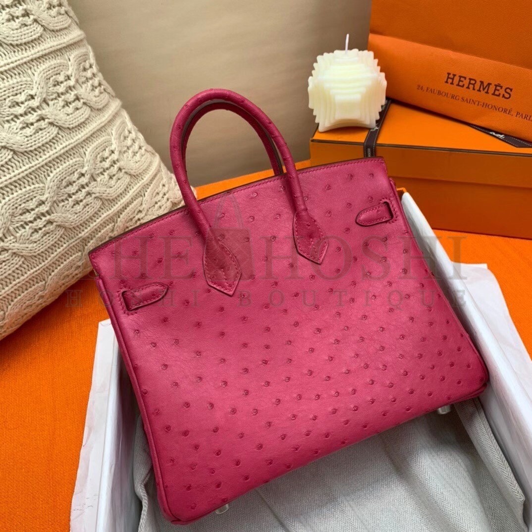 H**me5 Rose Red Birkin 25cm Ostrich Handmade Bag Master Quality