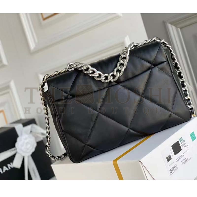 Ch**el Women 19 Large Handbag Lambskin Gold Silver-Tone Ruthenium-Finish Metal Black Master Quality