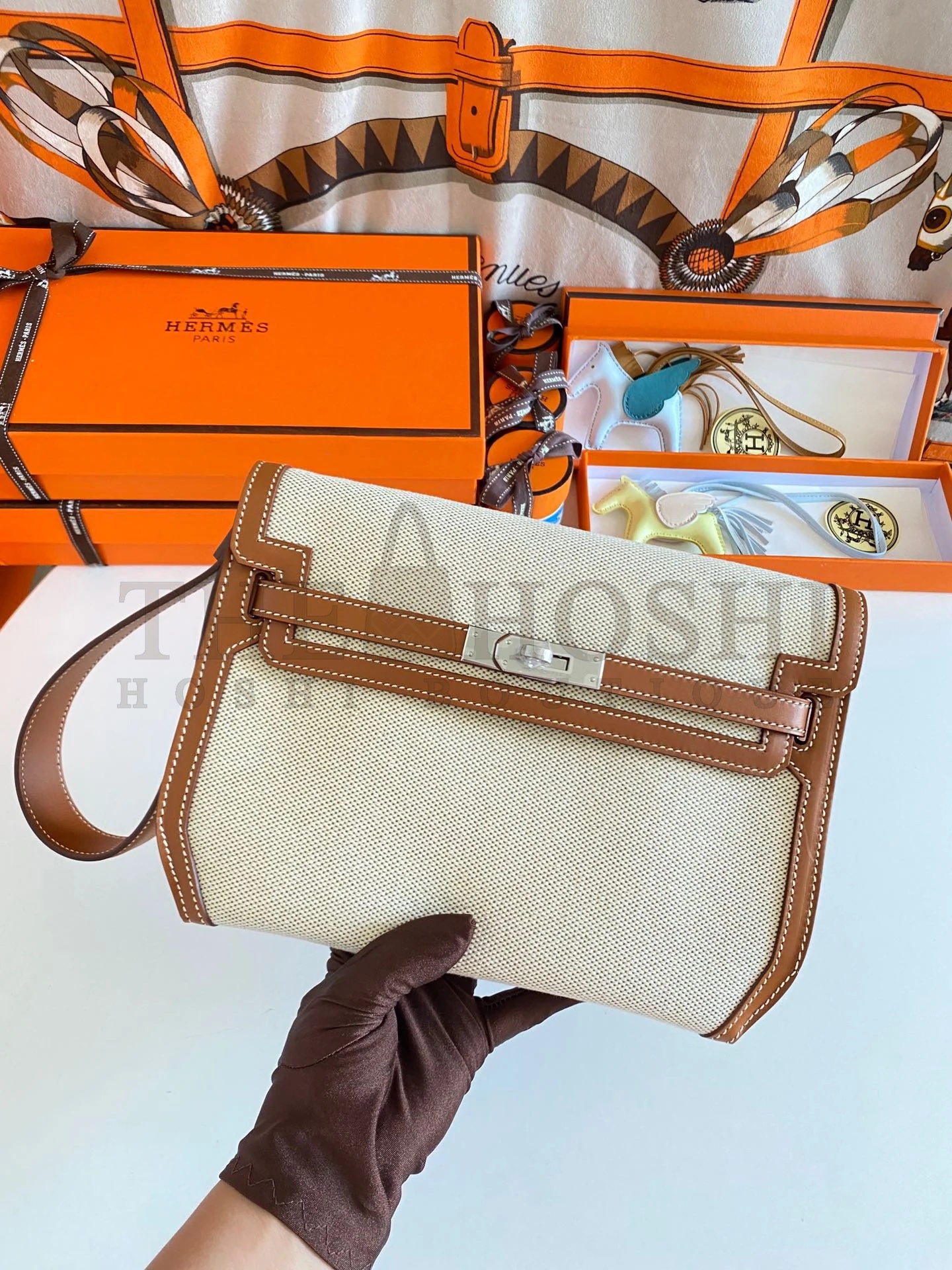 H**me5 Kelly Depeches 25 Pouch in Ecru Toile Master Quality