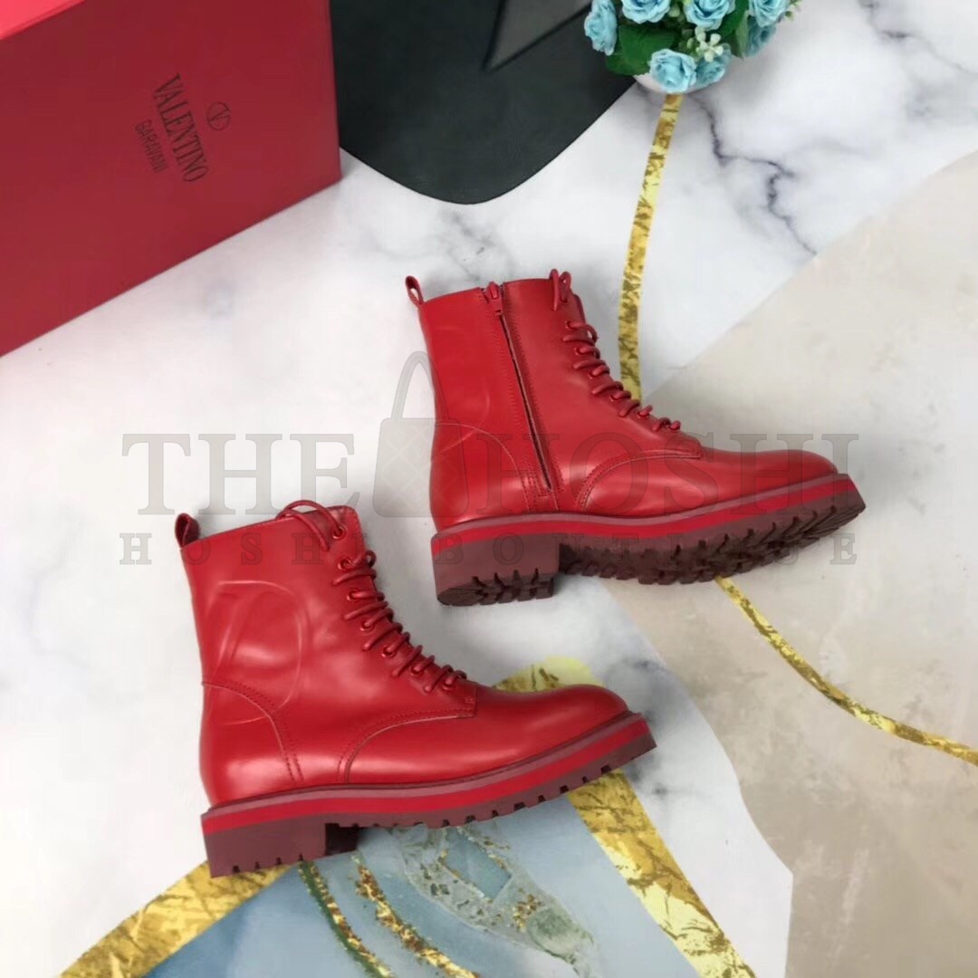 Va1e*ntin0 Red Leather VLogo Combat Boots Master Quality