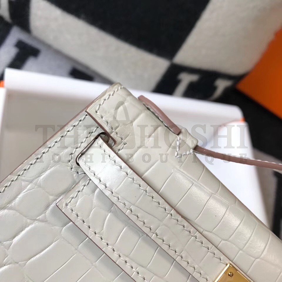 H**me5 Kelly Pochette Bag In White Embossed Crocodile Leather Master Quality
