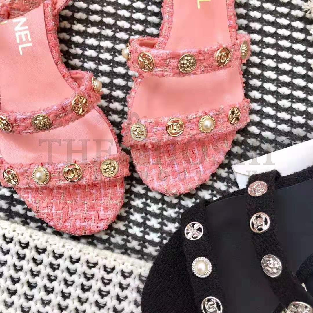 Ch**el Women Sandals Cotton Tweed &amp; Jewelry Coral &amp; Pink 2.5 cm Heel Master Quality