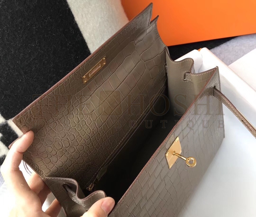H**me5 Kelly 25cm Bag In Taupe Embossed Crocodile Master Quality