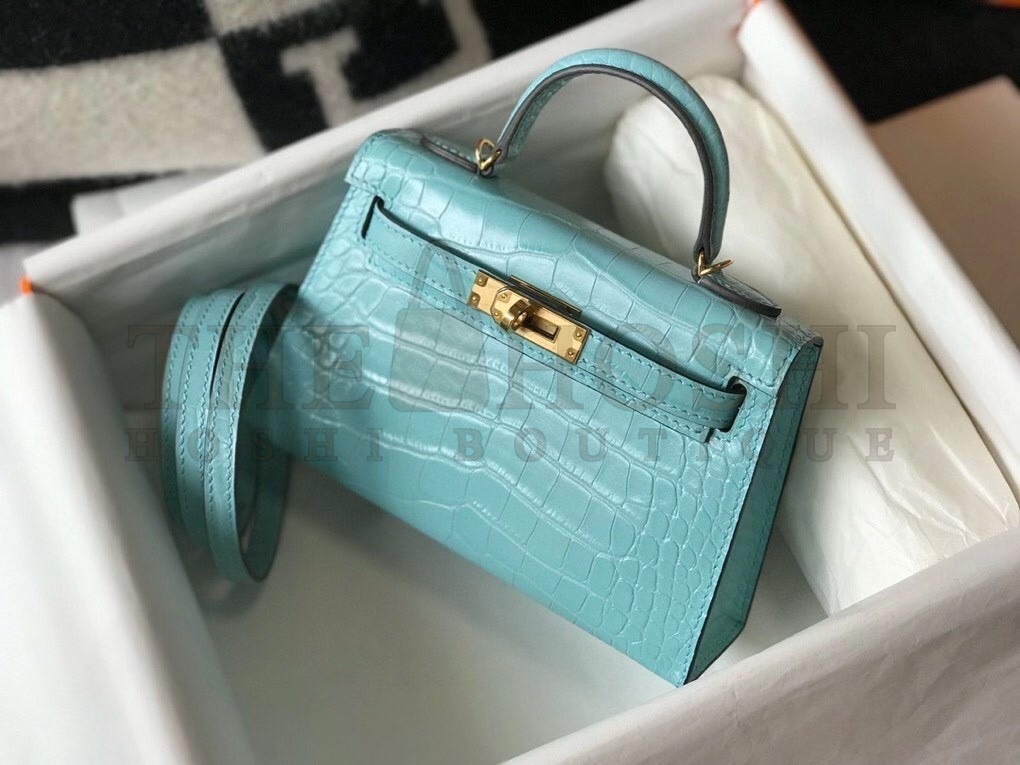 H**me5 Kelly Mini II Bag In Blue Atoll Embossed Crocodile Calfskin Master Quality
