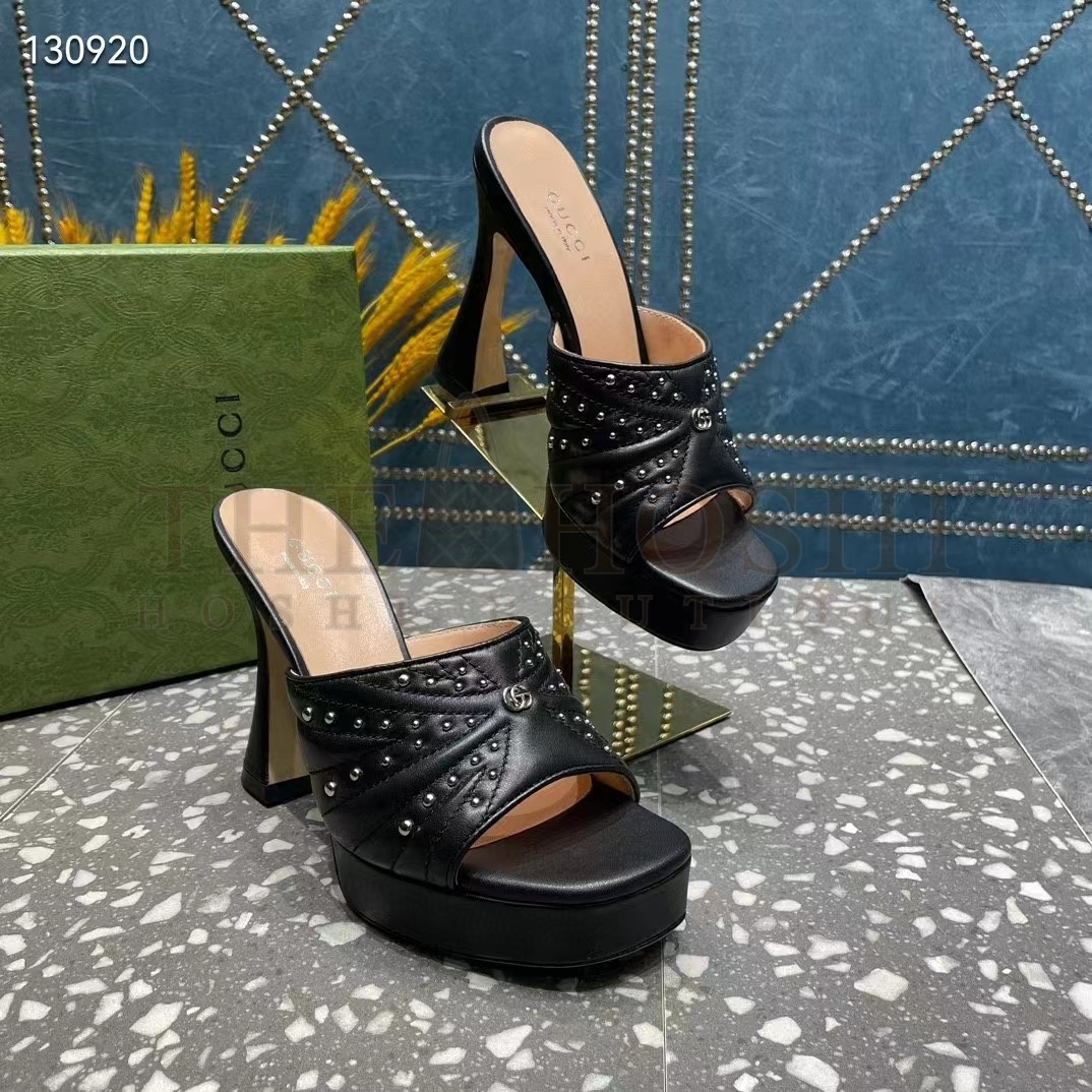 Gvc*1 Women G2 Heeled Slide Sandals Black Leather Studs Spool High 15 Cm Heel Master Quality