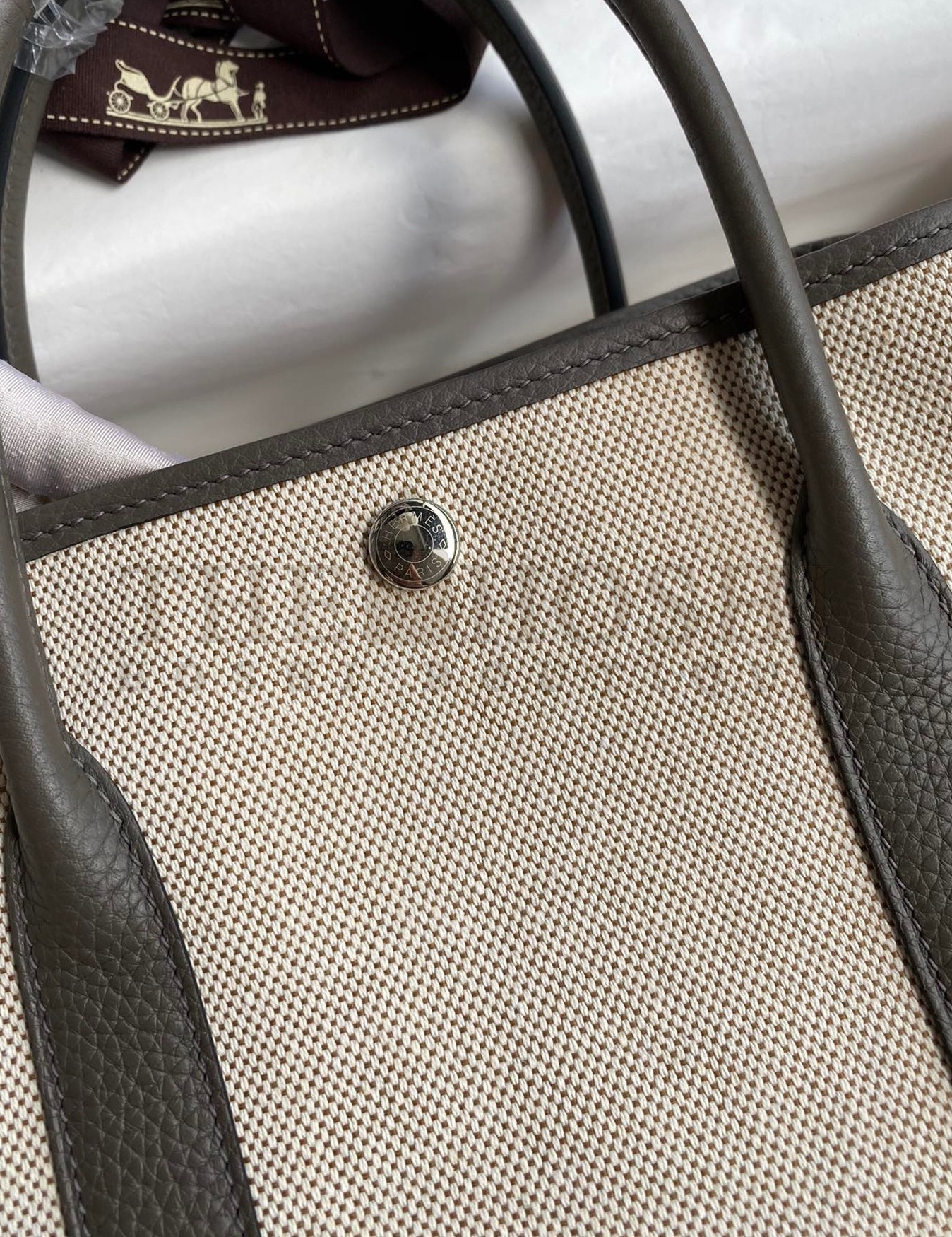 H**me5 Garden Party 30 Handmade Bag in Toile and Etain Leather Master Quality