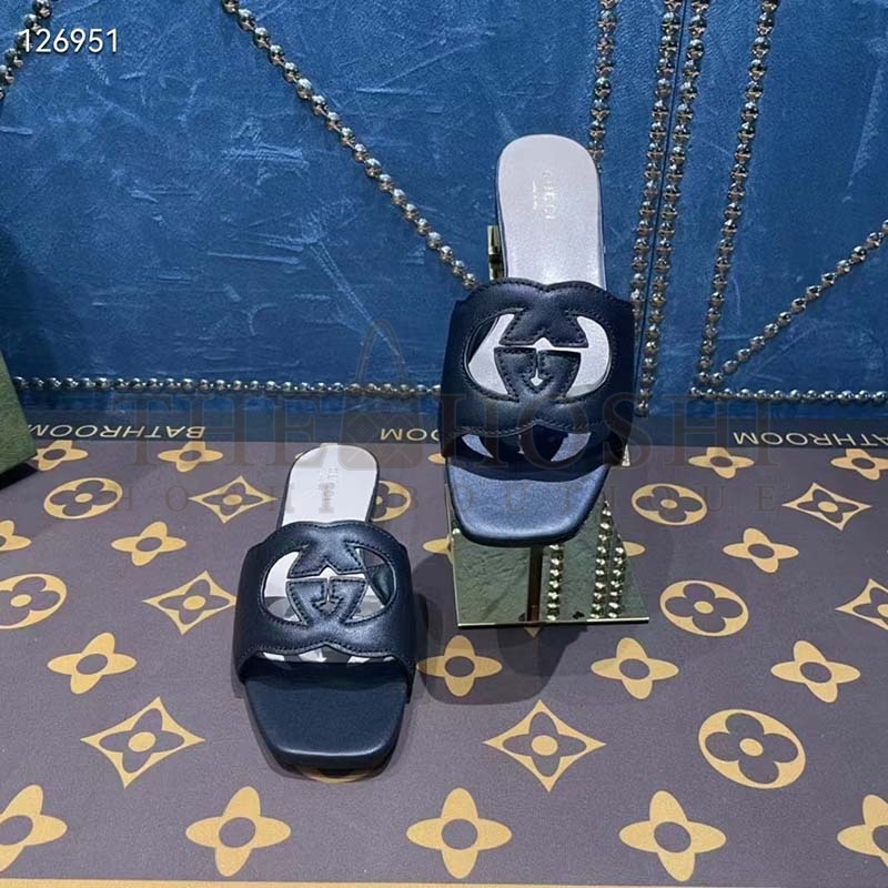 Gvc*1 Unisex Interlocking G Slide Sandals Black Leather Cut-Out Flat Master Quality