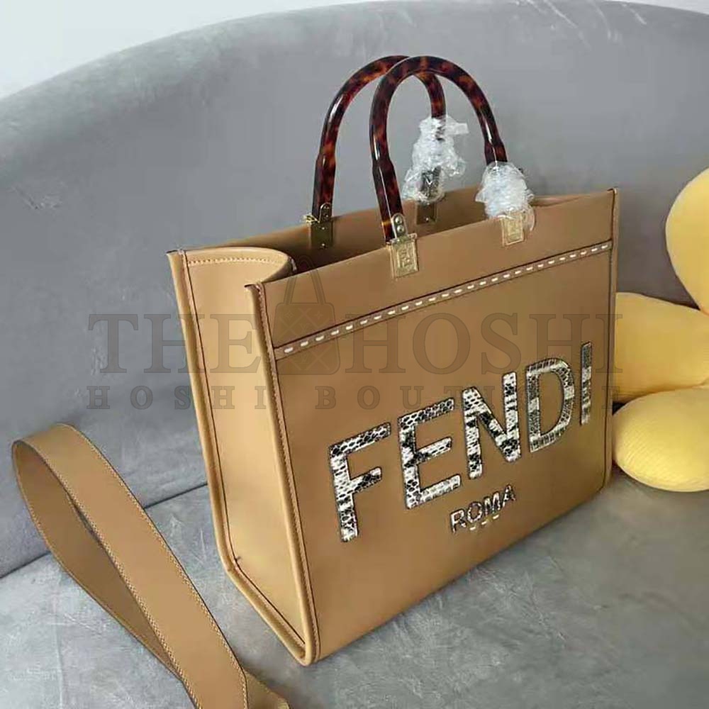 F**di Women Sunshine Medium Light Brown Leather and Elaphe Shopper Bag Master Quality