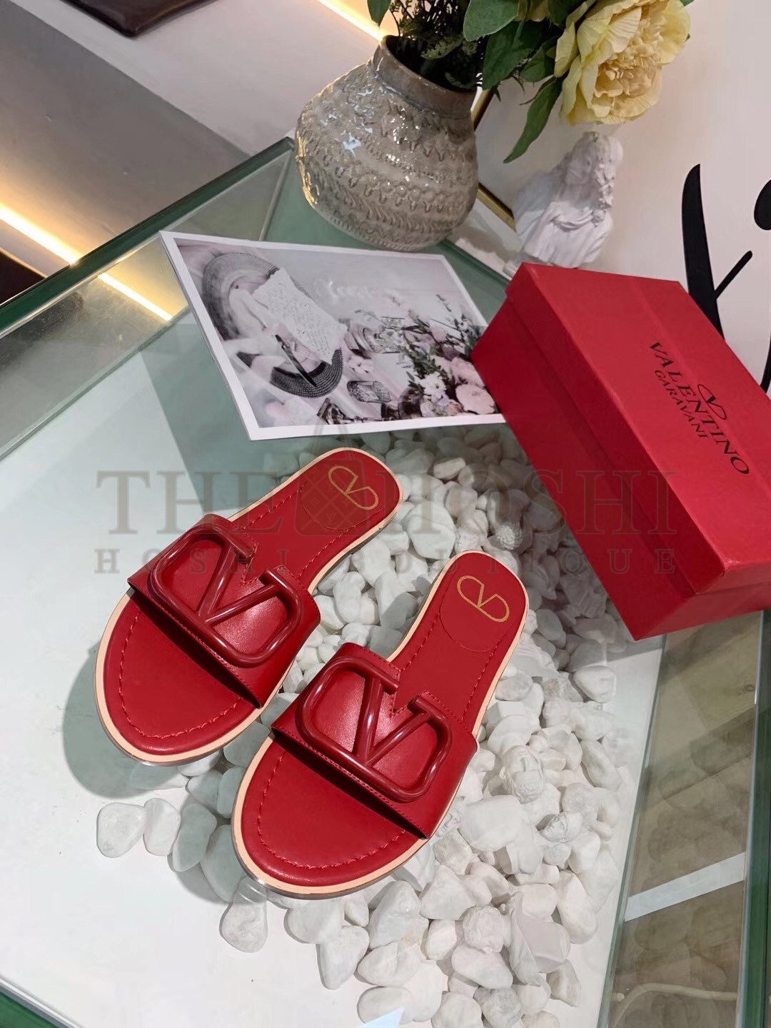 Va1e*ntin0 Vlogo Flat Slide Sandals In Red Calfskin Master Quality