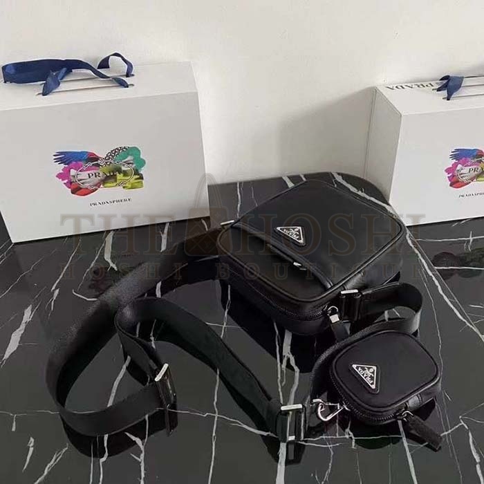 Pra*a Unisex Re-Nylon Saffiano Shoulder Bag Black Zipper Closure Fabric Leather Master Quality