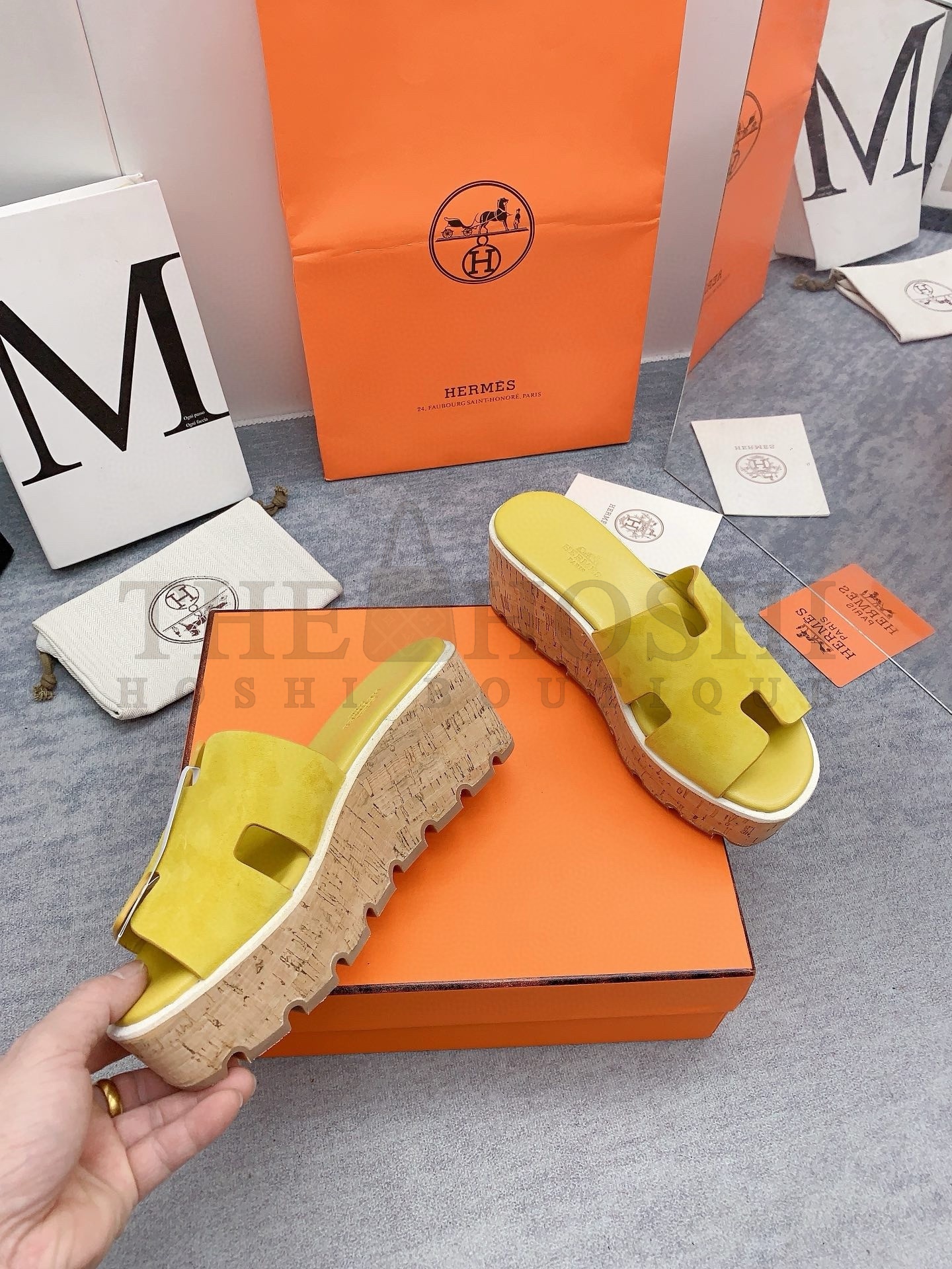 H**me5 Eze 30 Cork Platform Sandals in Yellow Suede Leather Master Quality