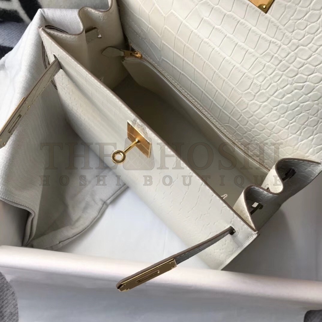 H**me5 Kelly 28cm Bag In White Embossed Crocodile GHW Master Quality