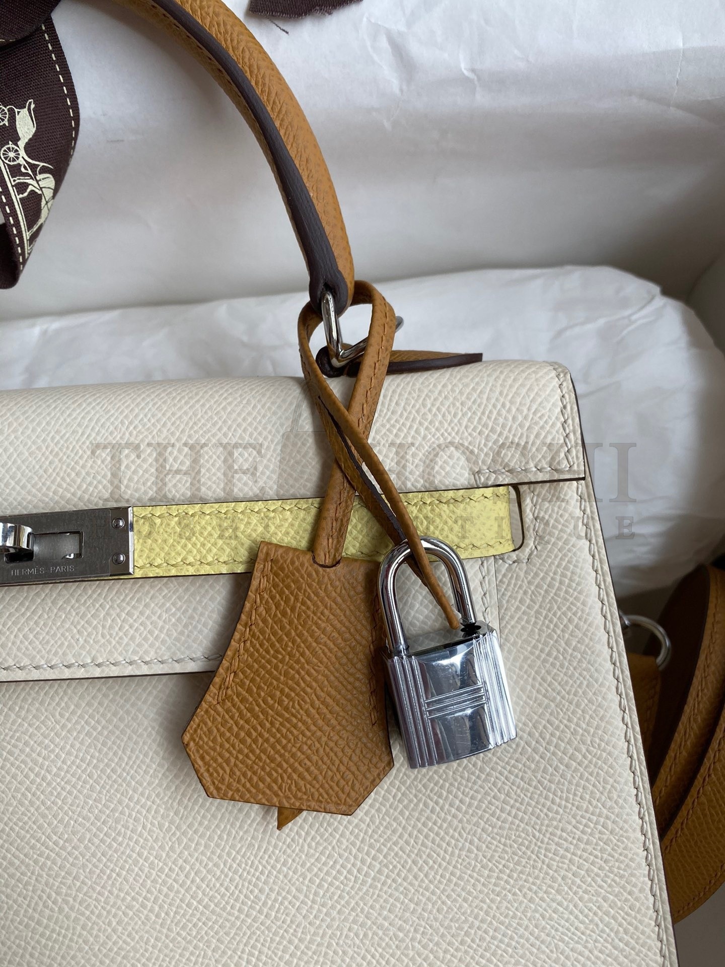 H**me5 Kelly Sellier 25 Tricolor Bag in Craie/Sesame/Yellow Epsom Calfskin Master Quality