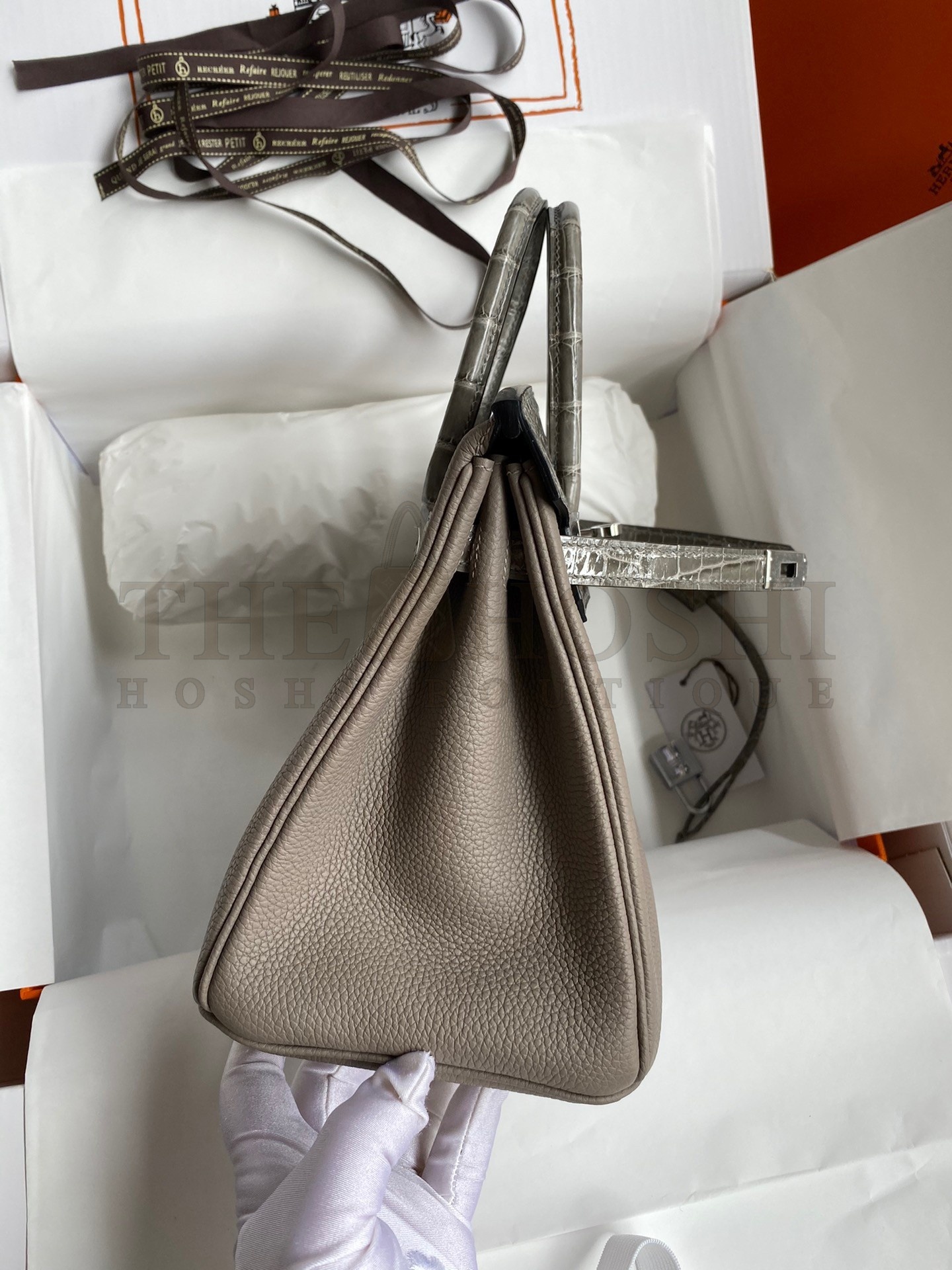 H**me5 Touch Birkin 25 Bag In Gris Asphalt Shiny Niloticus Crocodile Skin Master Quality