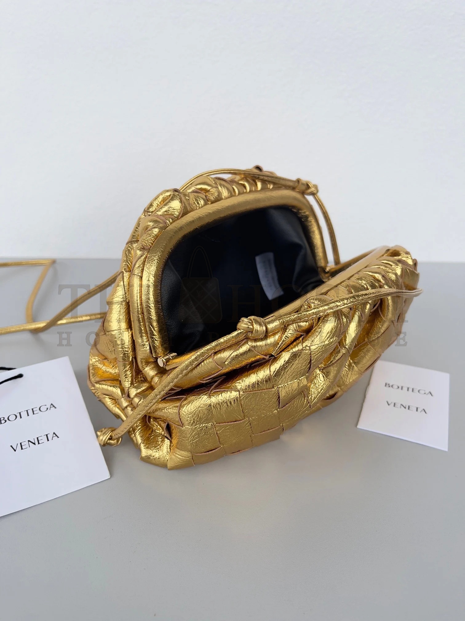 B0tt*ga Ven*ta Mini Pouch with Strap in Gold Metallic Lambskin Master Quality