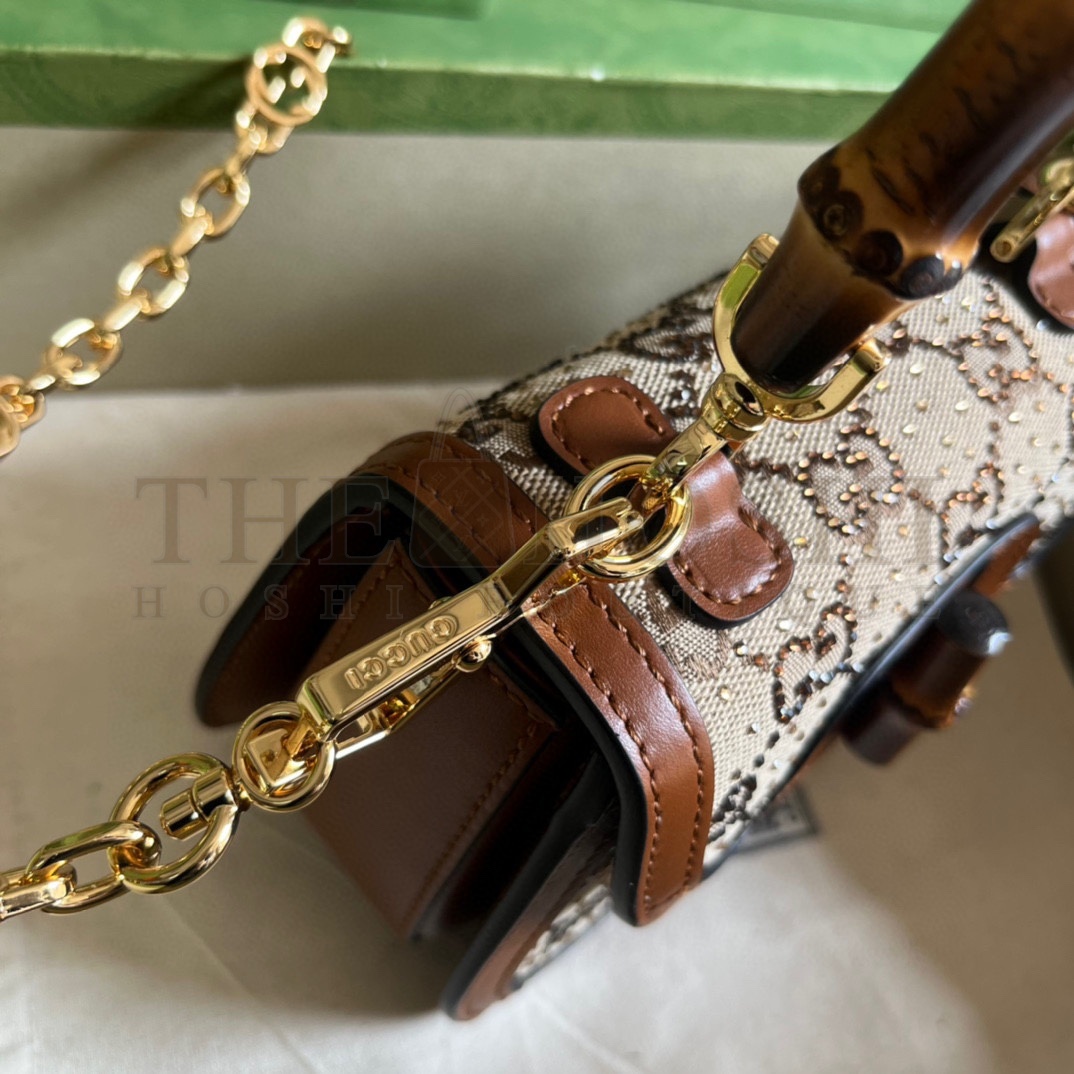 Gvc*1 Women Bamboo 1947 Mini Top Handle Bag Beige Ebony Canvas GG Crystal Master Quality