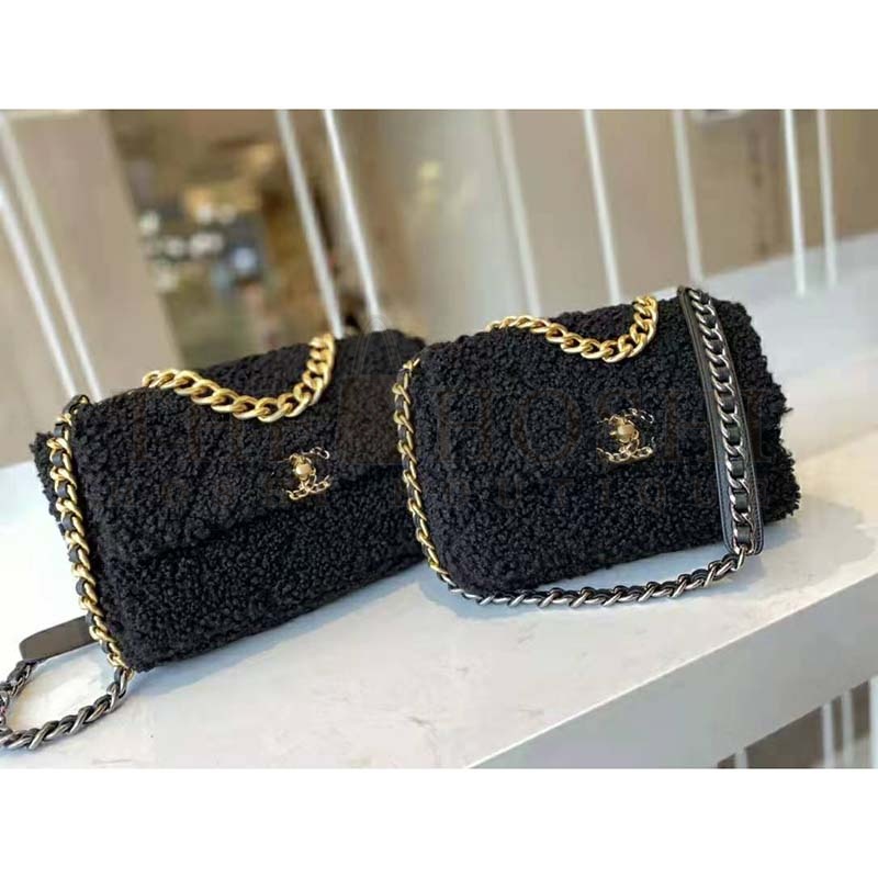 Ch**el Women Ch**el 19 Large Flap Bag Tweed Gold-Silver-Tone &amp; Ruthenium-Finish Metal Black Master Quality