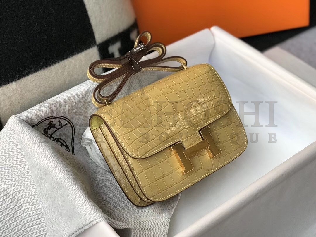 H**me5 Constance 18cm Bag In Jaune Poussin Embossed Crocodile Master Quality