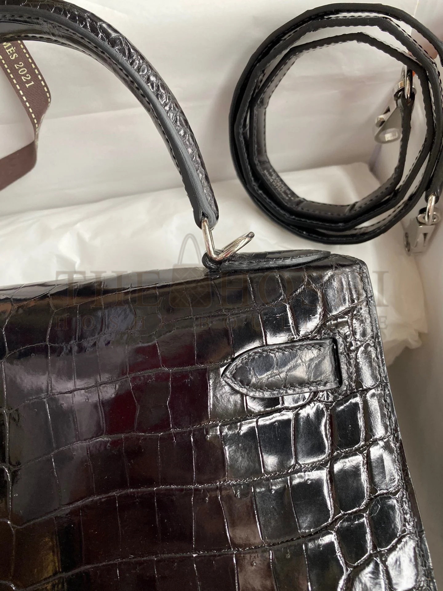 H**me5 Kelly Sellier 28 Handmade Bag In Black Crocodile Niloticus Shiny Skin Master Quality