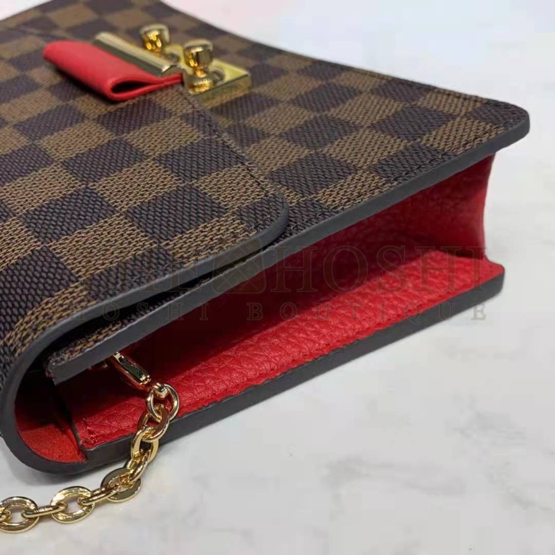 L0vis Vvtt0n LV Women Croisette Chain Wallet Scarlet Red Damier Ebene Coated Canvas Master Quality