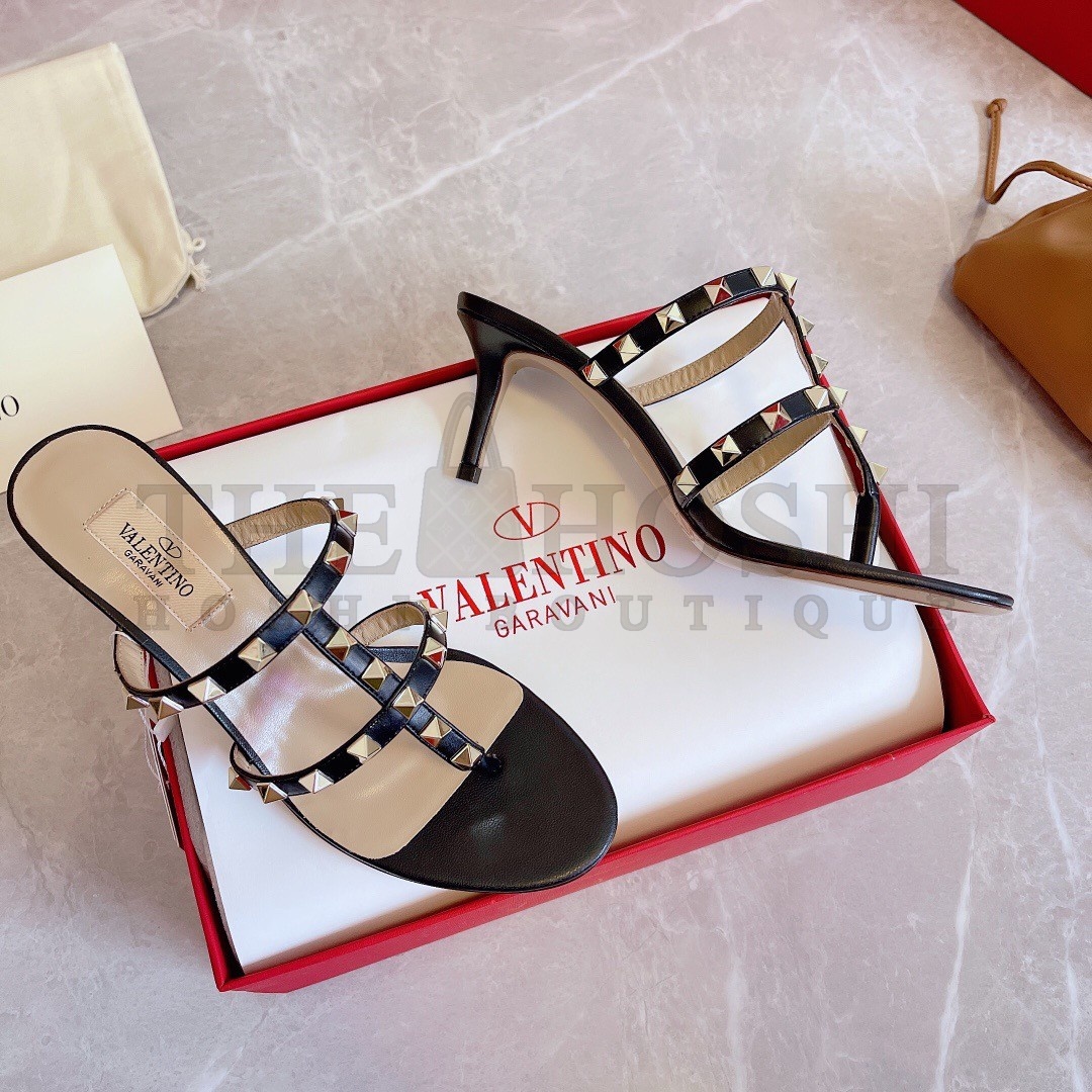 Va1e*ntin0 Rockstud Flip Flop Sandals 50mm In Black Calfskin Master Quality