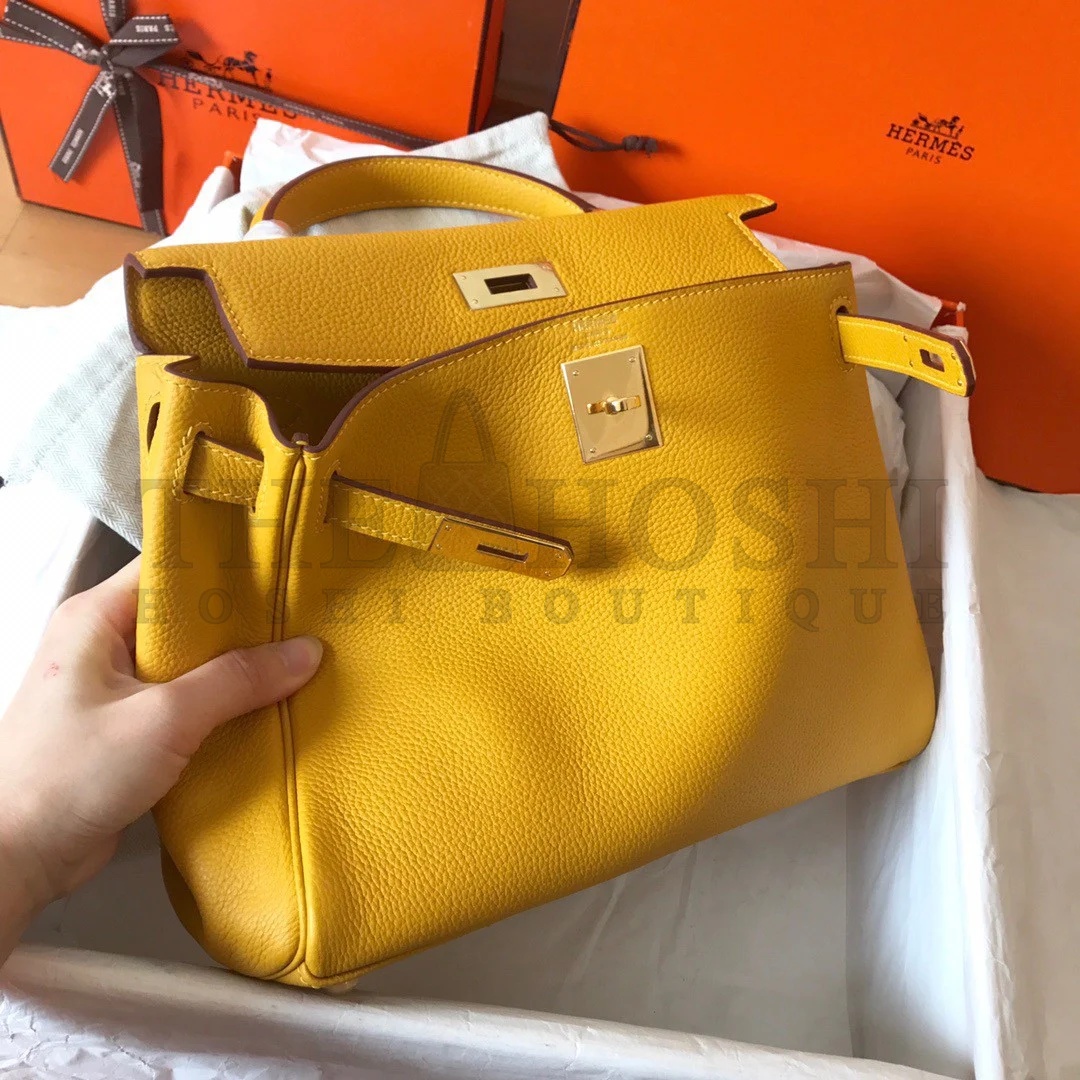 H**me5 Kelly Retourne 28 Handmade Bag In Jaune Ambre Clemence Leather Master Quality