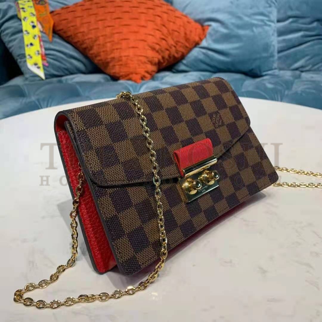 L0vis Vvtt0n LV Women Croisette Chain Wallet Scarlet Red Damier Ebene Coated Canvas Master Quality