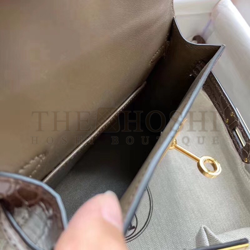 H**me5 Taupe Grey Alligator Crocodile Kelly Mini II Handmade Bag Master Quality