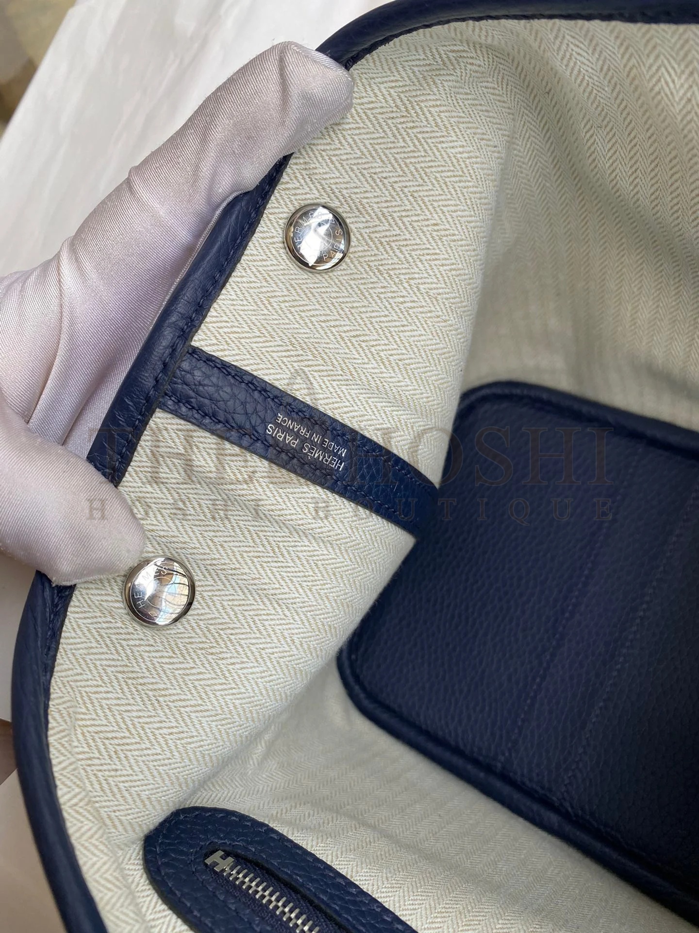 H**me5 Garden Party 30 Handmade Bag in Toile and Blue Leather Master Quality