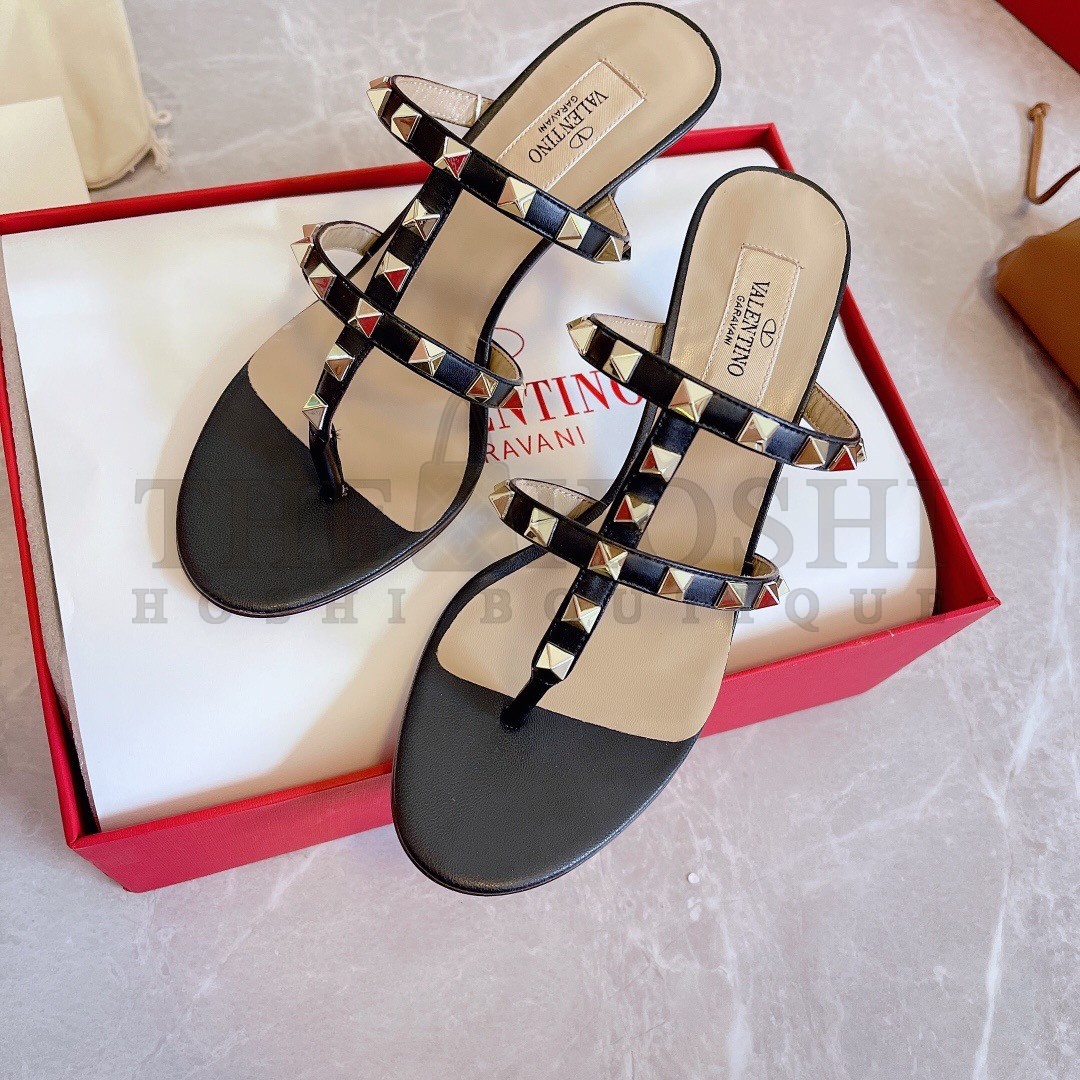 Va1e*ntin0 Rockstud Flip Flop Sandals 50mm In Black Calfskin Master Quality