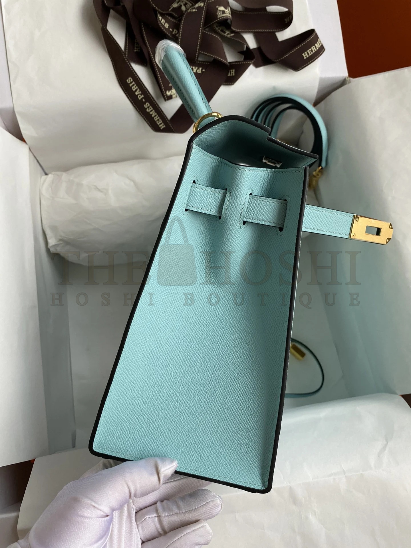 H**me5 Kelly Sellier 28 Handmade Bag In Blue Atoll Epsom Calfskin Master Quality