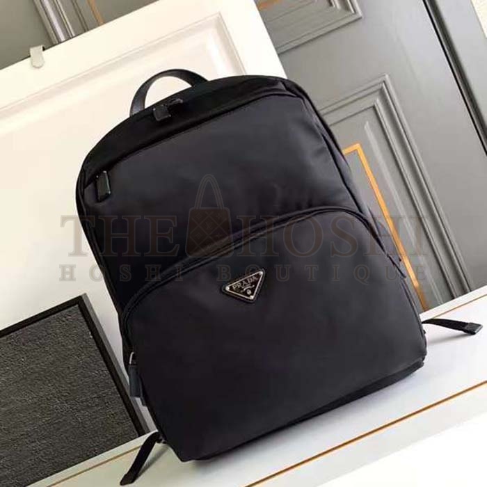 Pra*a Unisex Re-Nylon Saffiano Leather Backpack Black Fabric Zipper Closure Master Quality