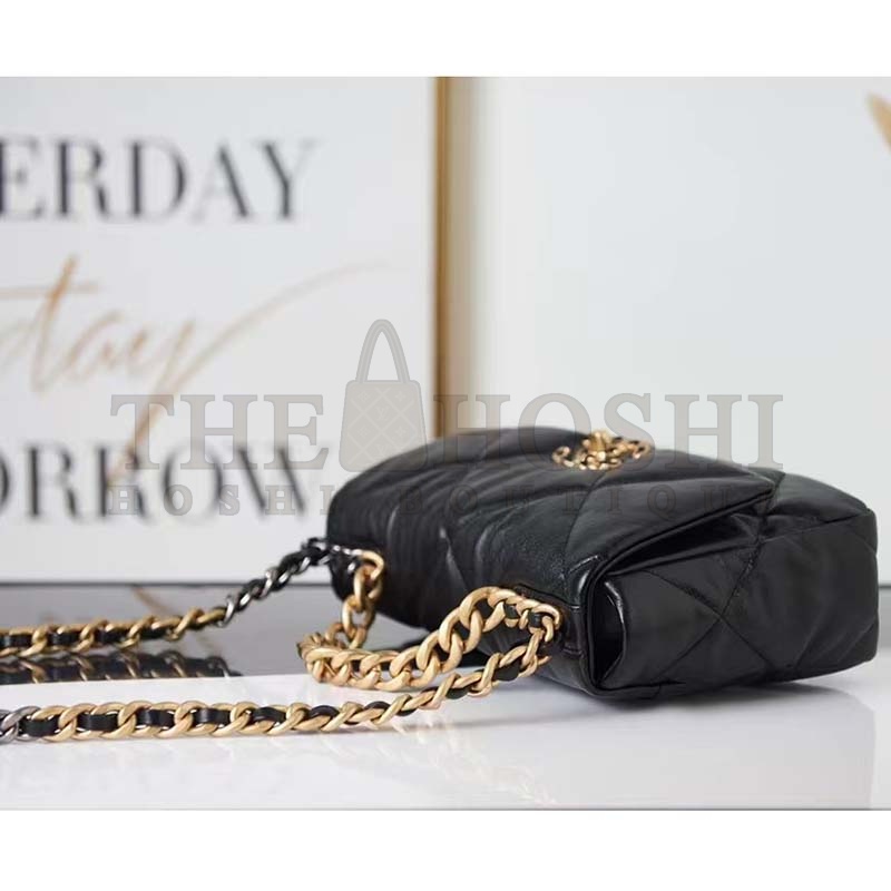 Ch**el Women 19 Handbag Lambskin Gold Silver-Tone Ruthenium-Finish Metal Black Master Quality