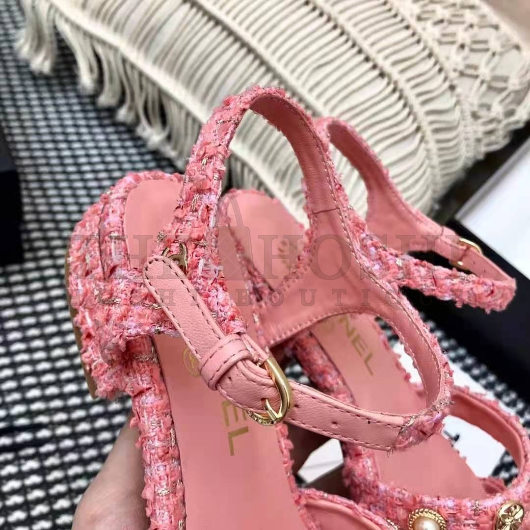 Ch**el Women Sandals Cotton Tweed &amp; Jewelry Coral &amp; Pink 2.5 cm Heel Master Quality